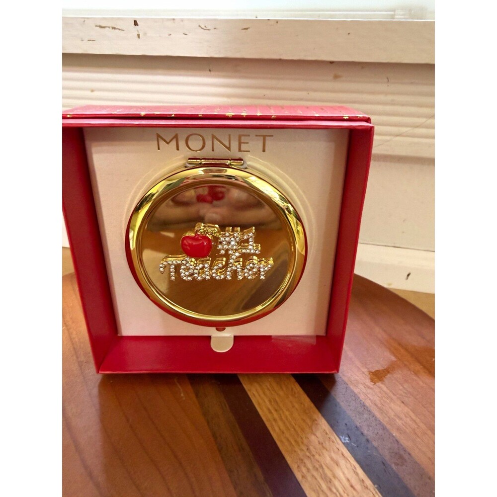 Monet Best Teacher Gold Compact Mirror Rhinestone Apple New in Box